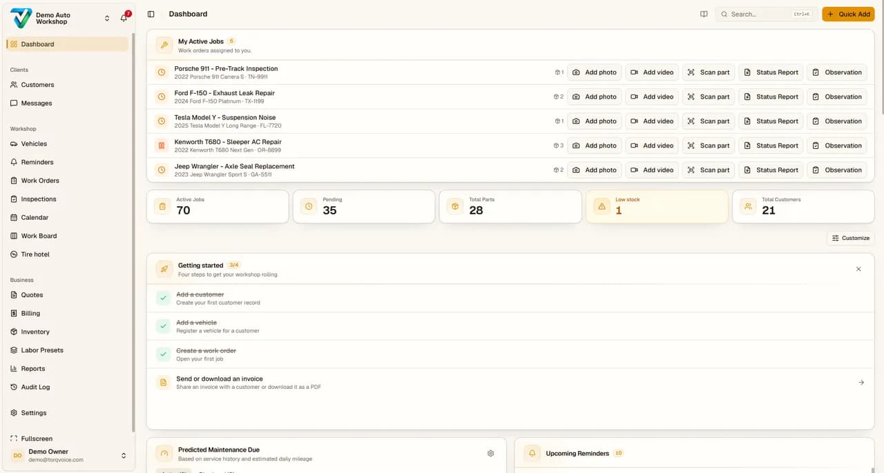 The Torqvoice dashboard with active jobs, key numbers and the getting-started checklist